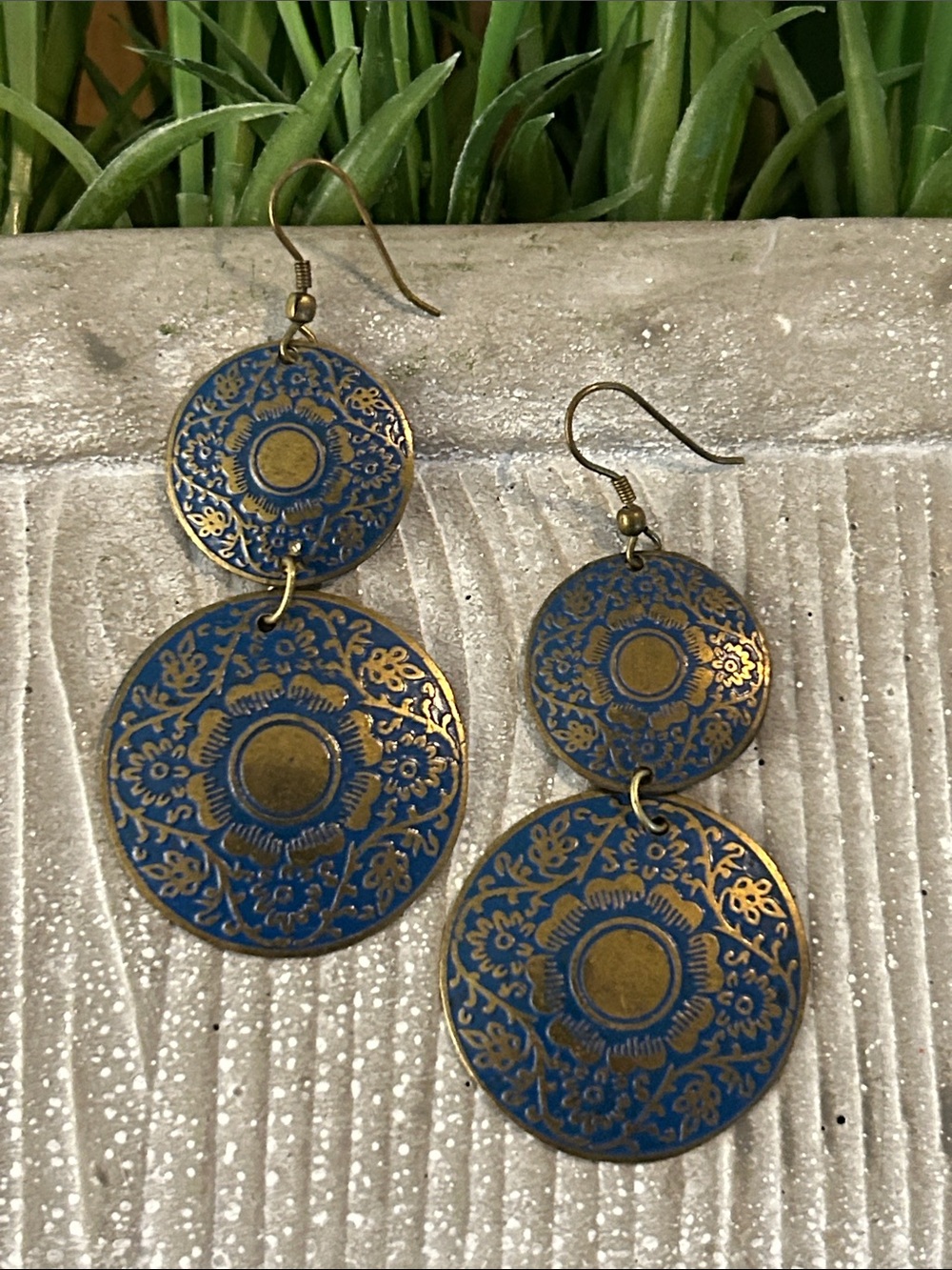Blue Floral Double-Drop brass Disc Earrings
